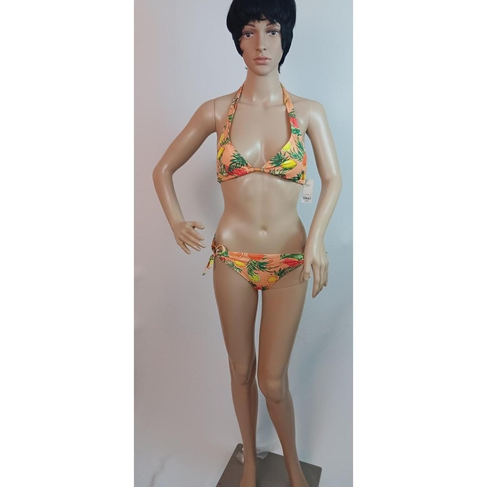 City Streets Womens XS 2 Piece Swimwear Halter Top Bikini Set Orange Fruit Print